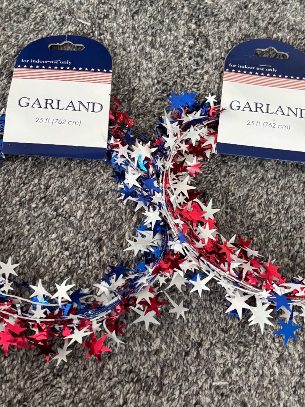 2 Pack NEW Patriotic Wired Garland 25 Ft Red, Silver, Blue, and White.